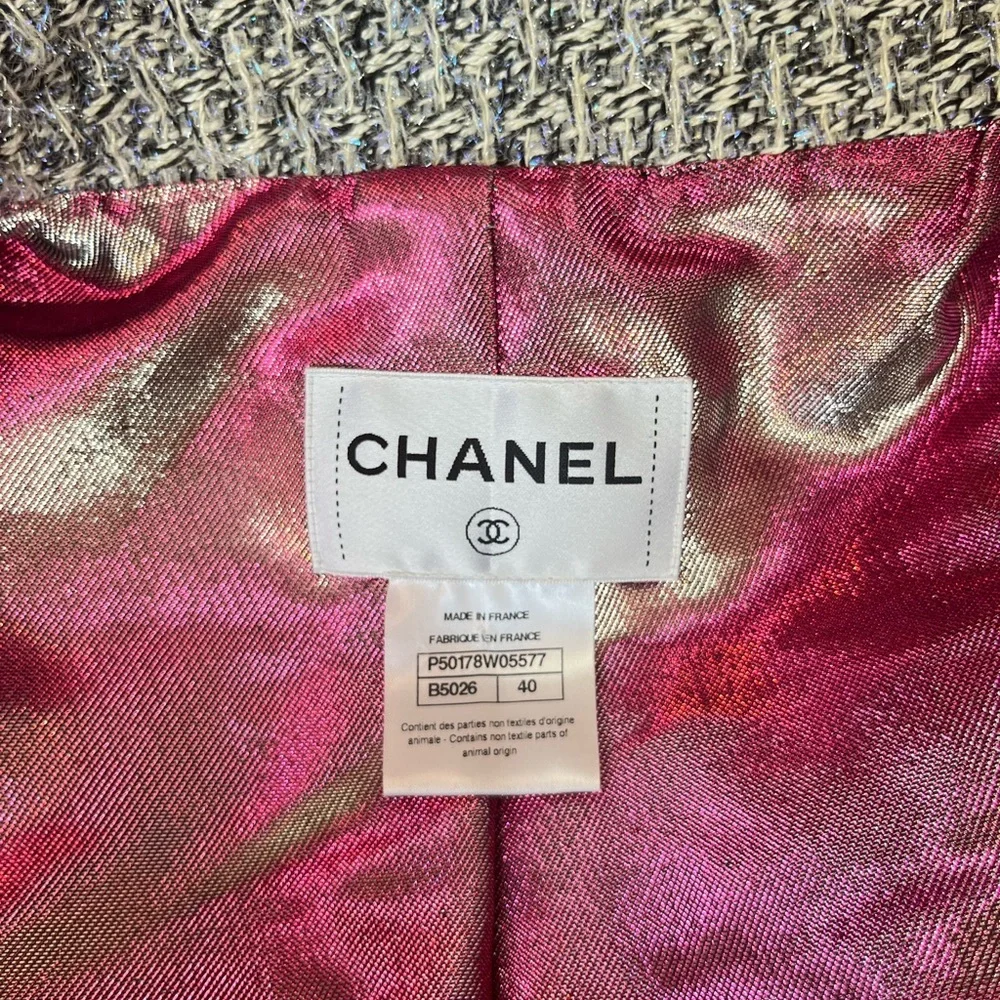 CHANEL Fantasy Tweed Jacket Gray and Metallic and Skirt Set